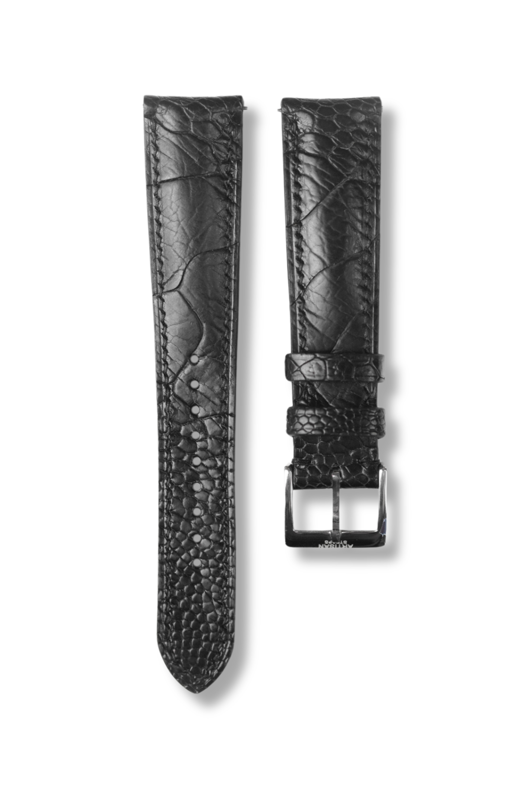 Black Glazed Ostrich Leg Padded Leather Strap